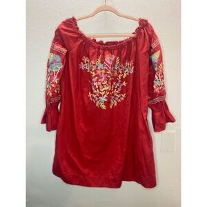 Free People Embroidered Boho Mini Dress Women's Large Red Exc Bell Sleeve
